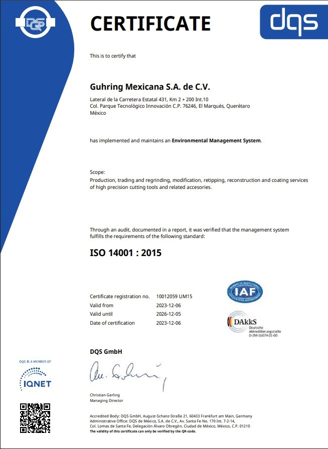 Certificado ISO 14001:2015 Guhring Mexicana