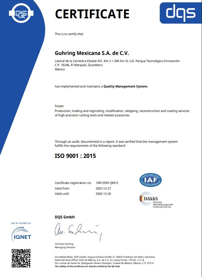 Certificado ISO 9001:2015 Guhring Mexicana